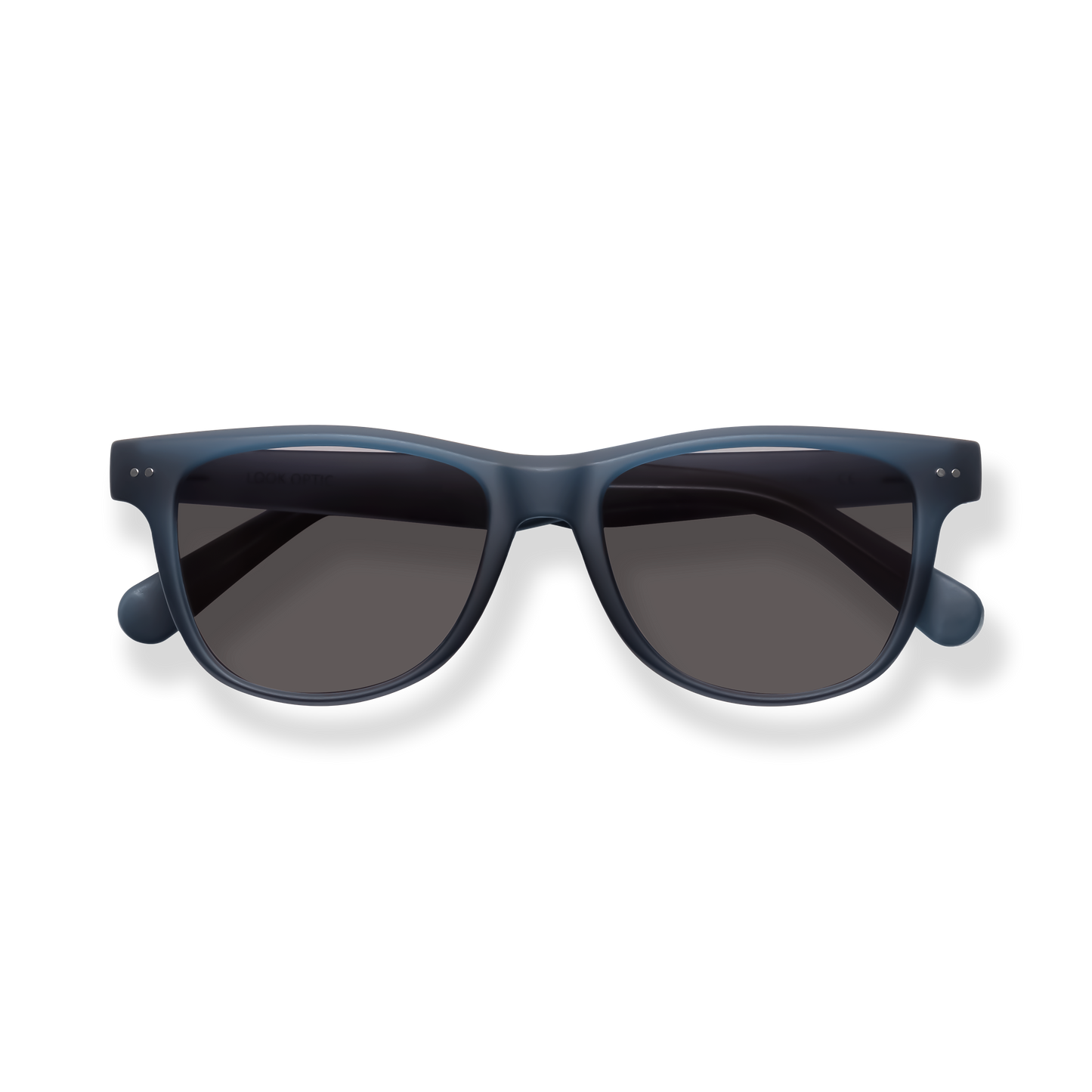 
Dark blue square-frame sunglasses with gray lenses and rounded temple details.