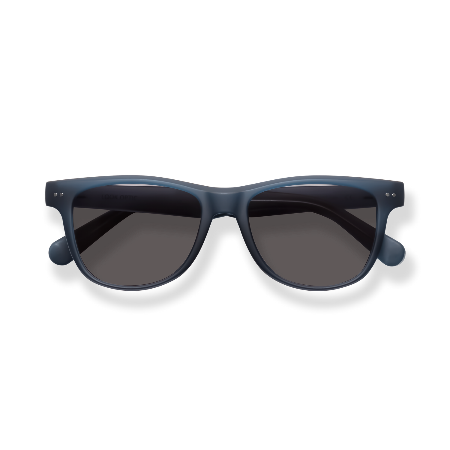 
Dark blue square-frame sunglasses with gray lenses and rounded temple details.