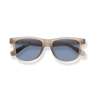 
Transparent beige sunglasses with blue-gray lenses and a classic square frame.