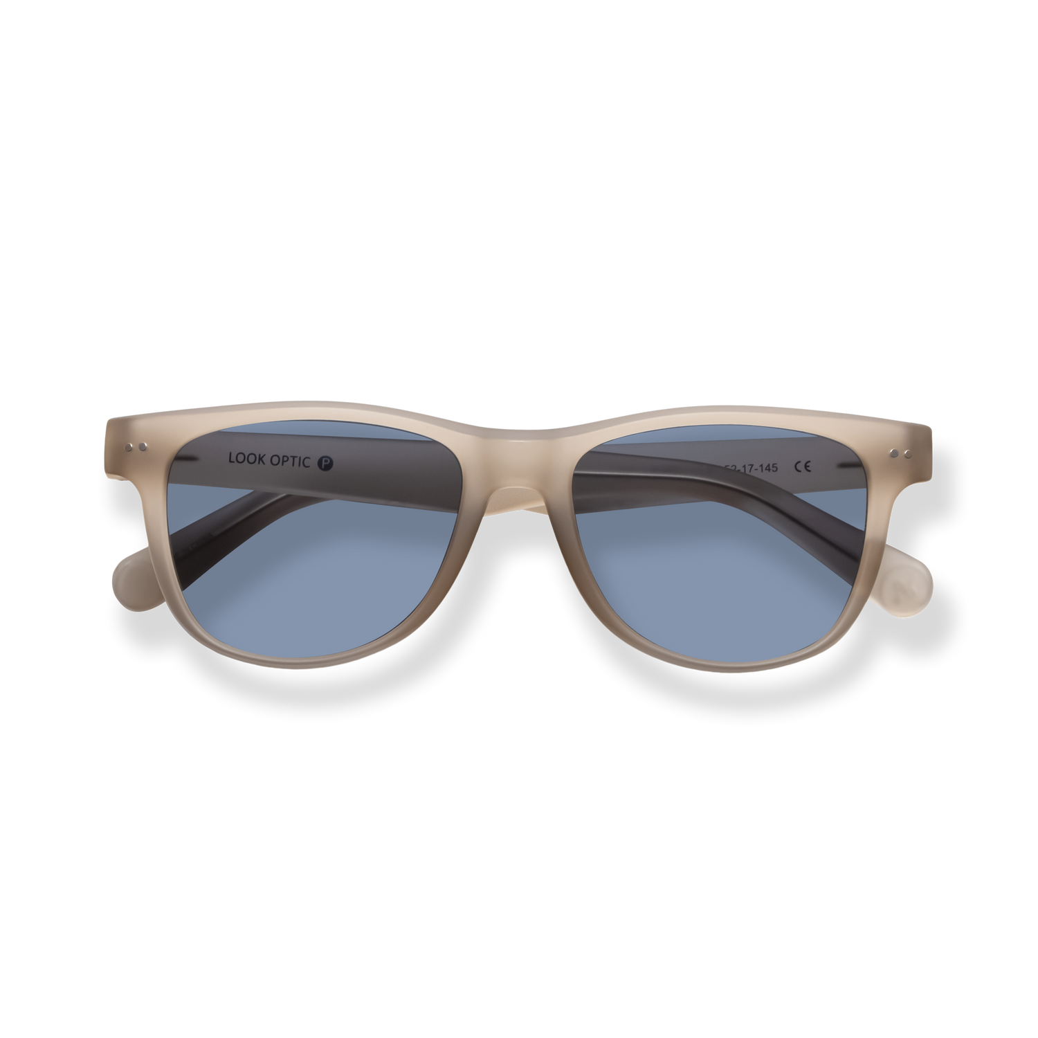 
Transparent beige sunglasses with blue-gray lenses and a classic square frame.