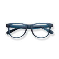 
Dark blue rectangular reading glasses with clear lenses.