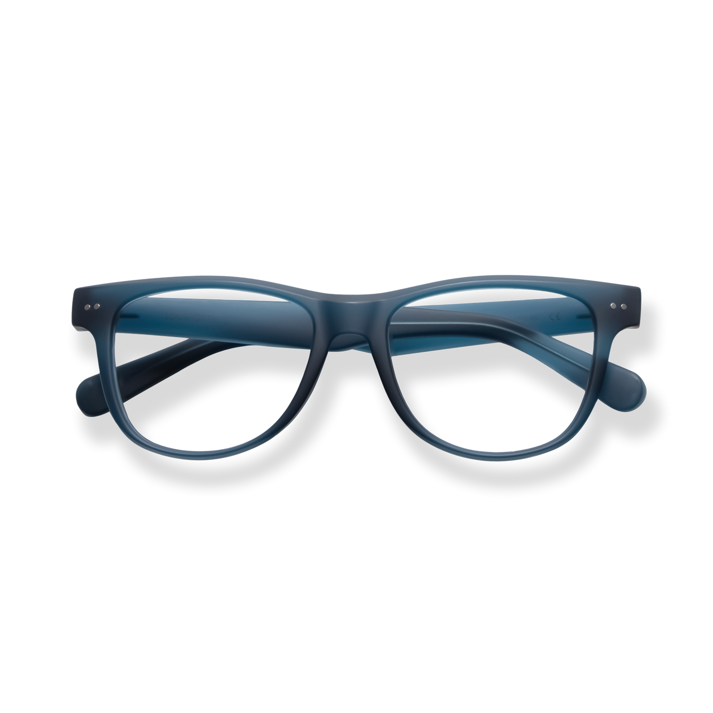 
Dark blue rectangular reading glasses with clear lenses.