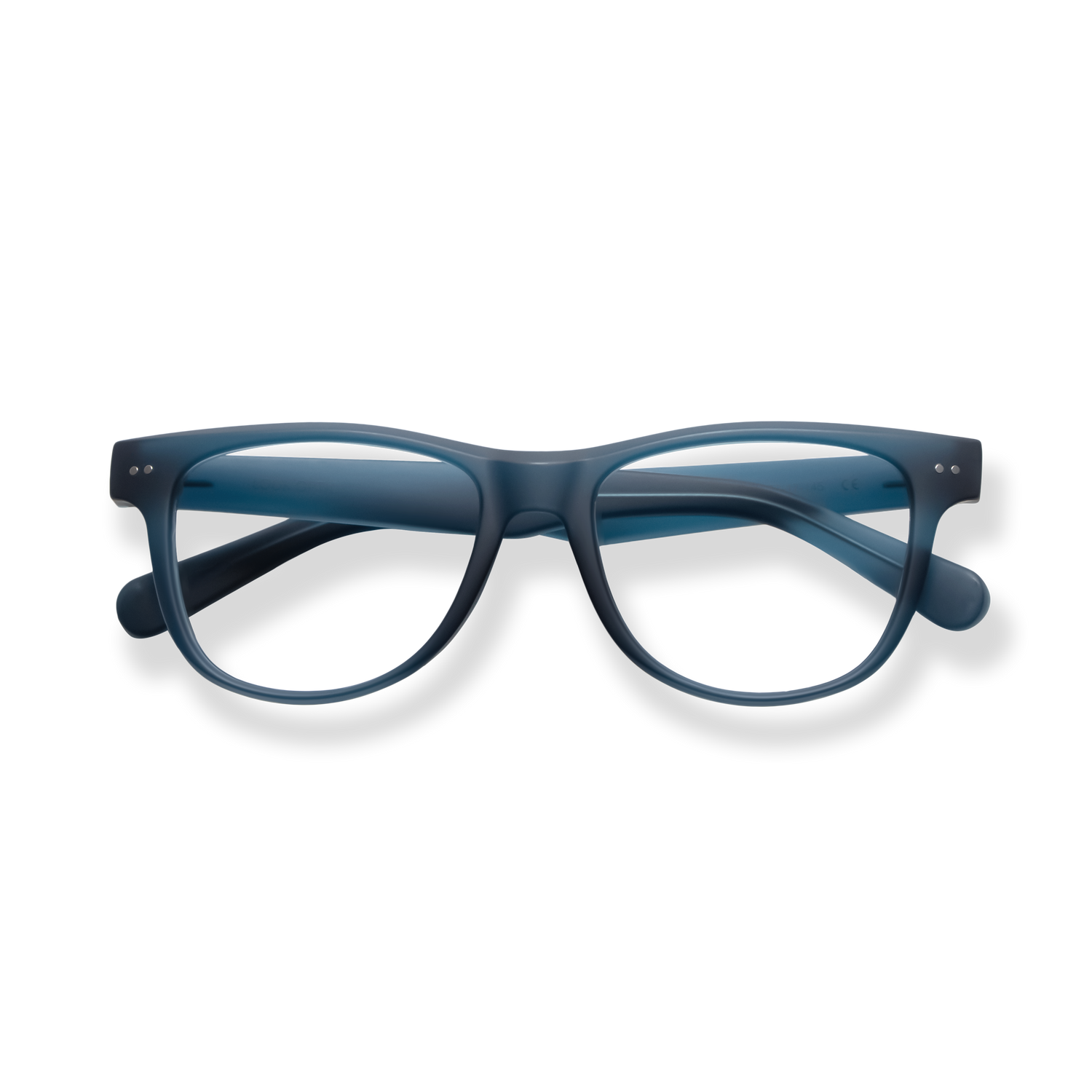 
Dark blue rectangular reading glasses with clear lenses.