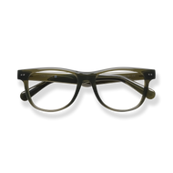 
Olive green rectangular eyeglasses with clear lenses and subtle tortoiseshell accents.