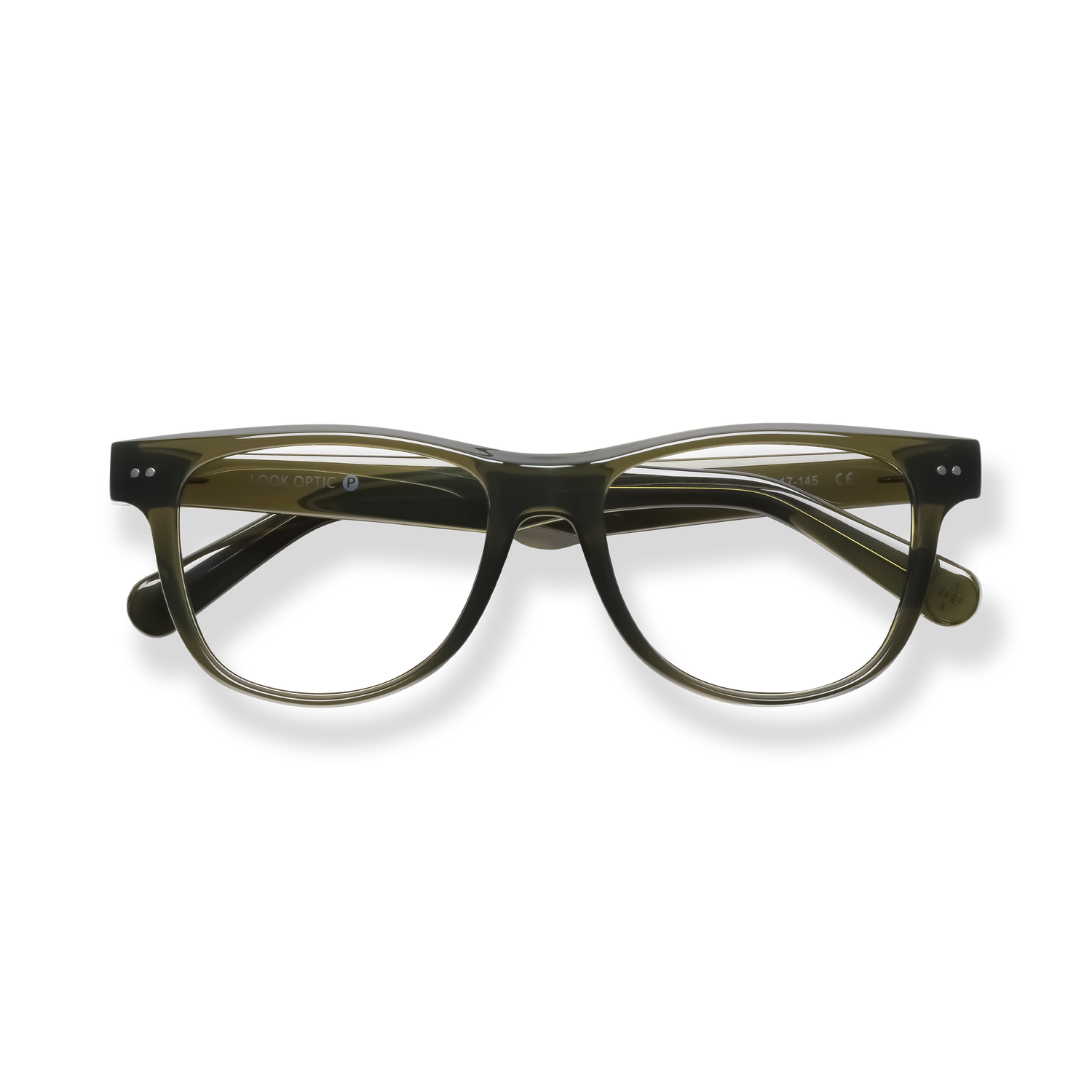 
Olive green rectangular eyeglasses with clear lenses and subtle tortoiseshell accents.