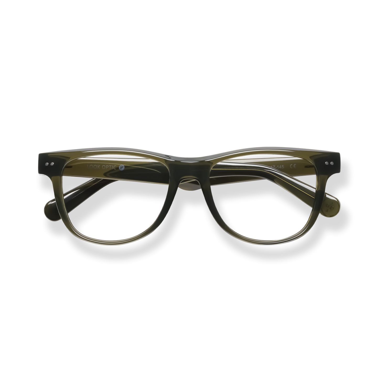 
Olive green rectangular eyeglasses with clear lenses and subtle tortoiseshell accents.