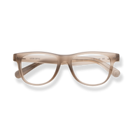 
Clear beige rectangular reading glasses with rounded lenses and subtle metal temple accents.