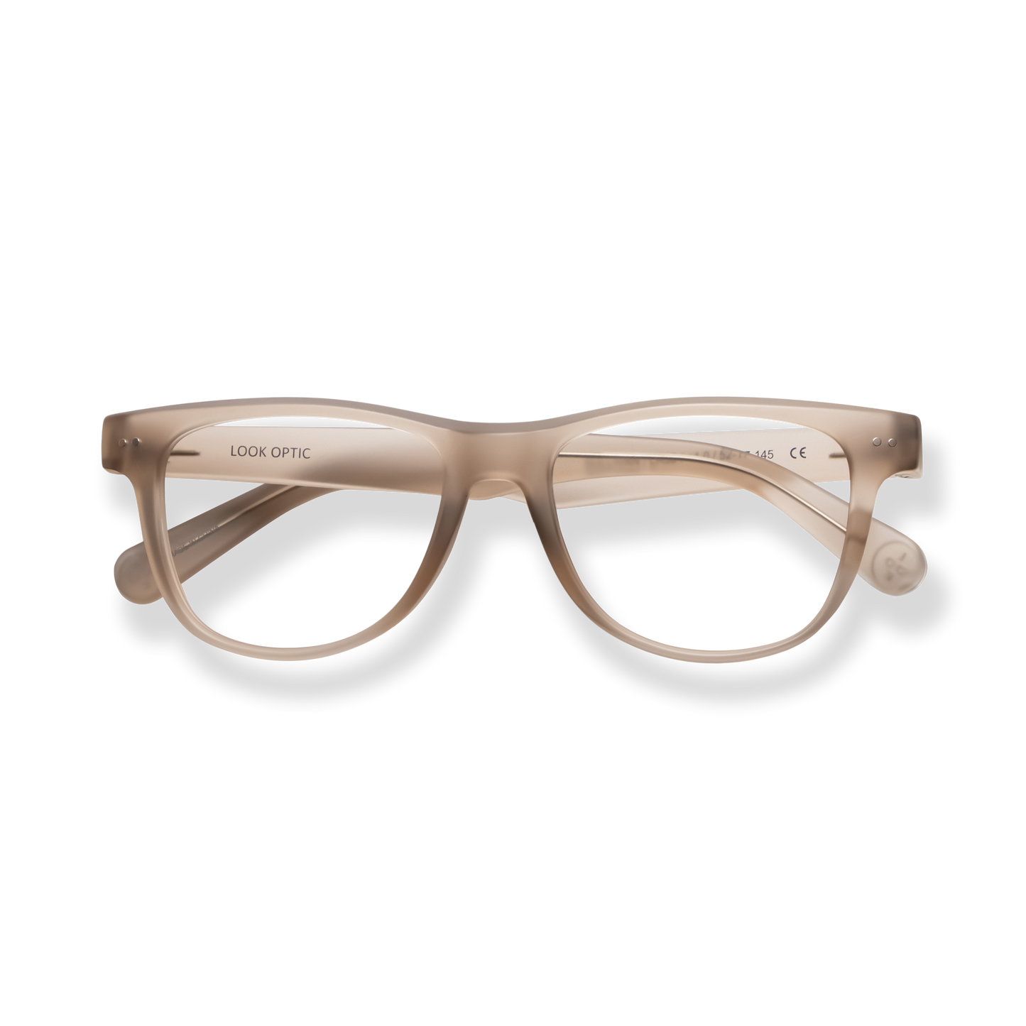 
Clear beige rectangular reading glasses with rounded lenses and subtle metal temple accents.