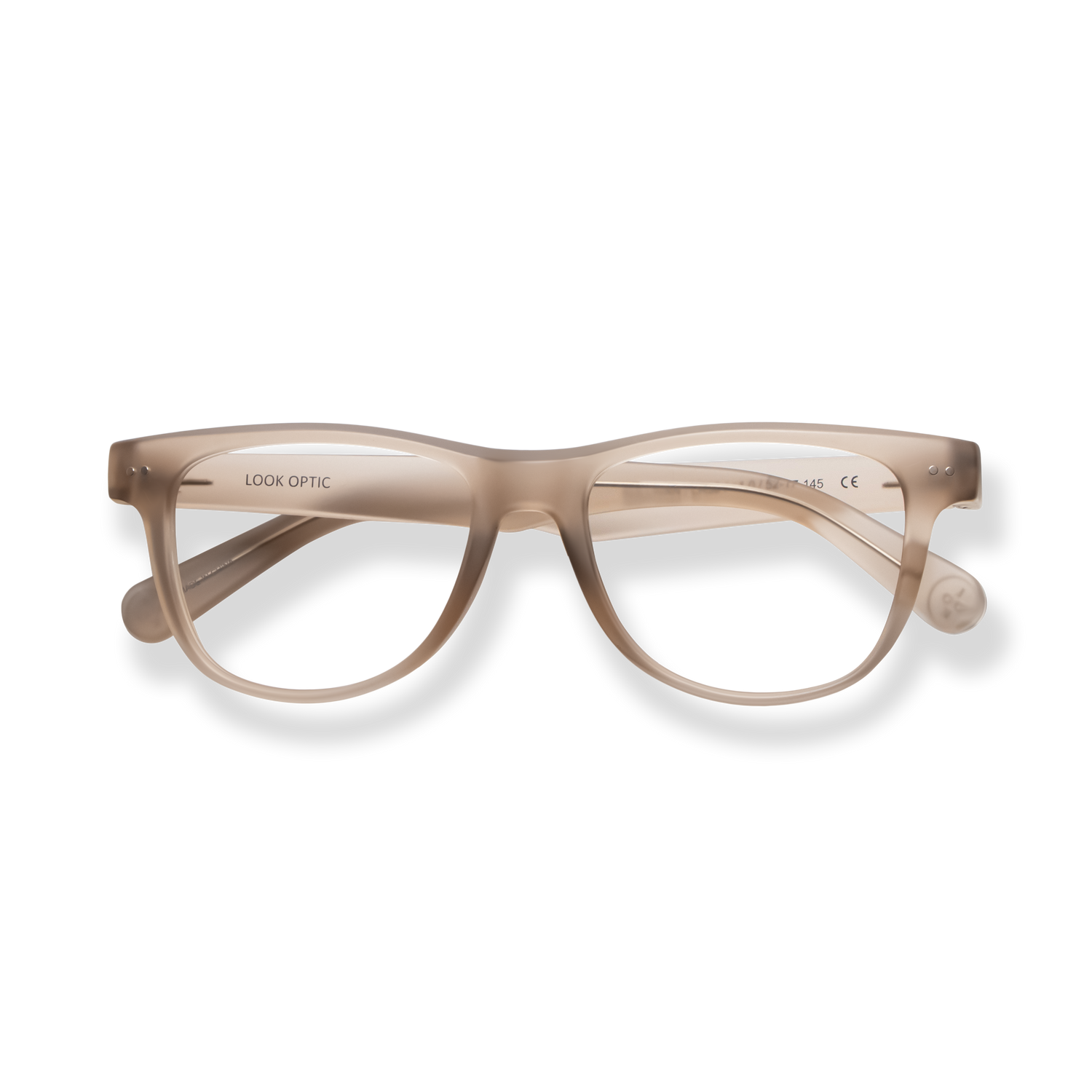 
Clear beige rectangular reading glasses with rounded lenses and subtle metal temple accents.