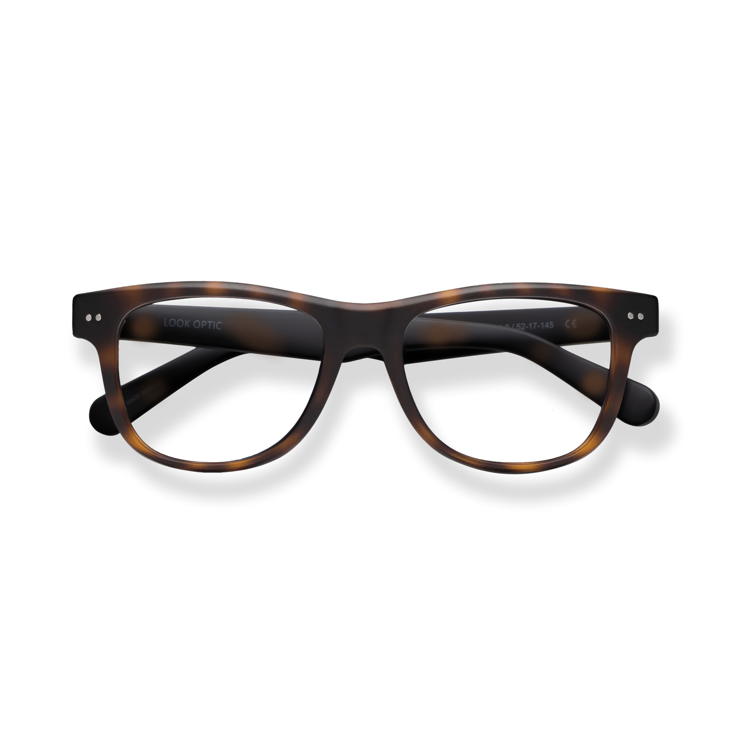 
Tortoiseshell rectangular reading glasses with dark lenses and gray temple accents.