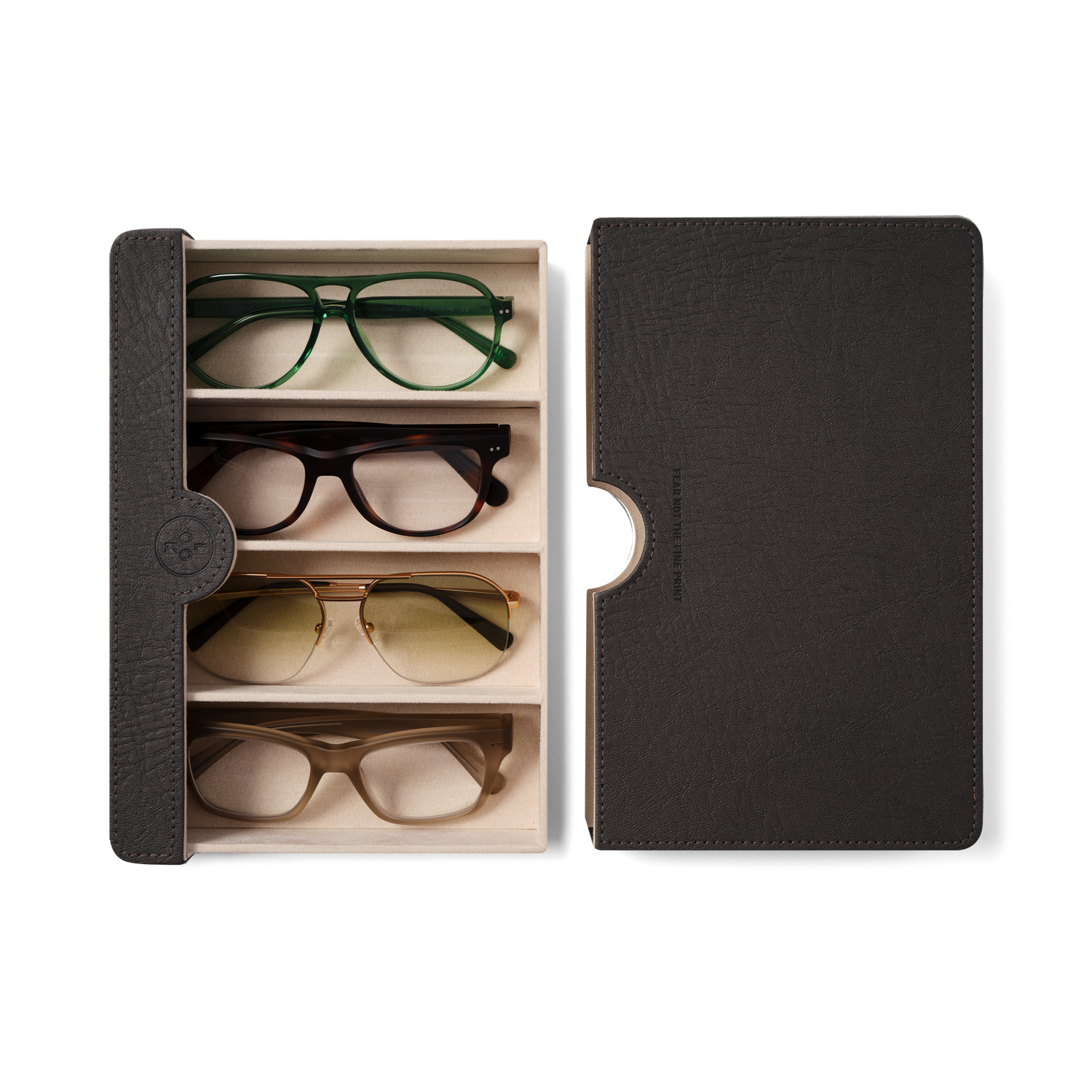 
Four pairs of glasses are shown: green round frames, dark tortoiseshell cat eye frames, gold aviators with yellow lenses, and brown square frames.