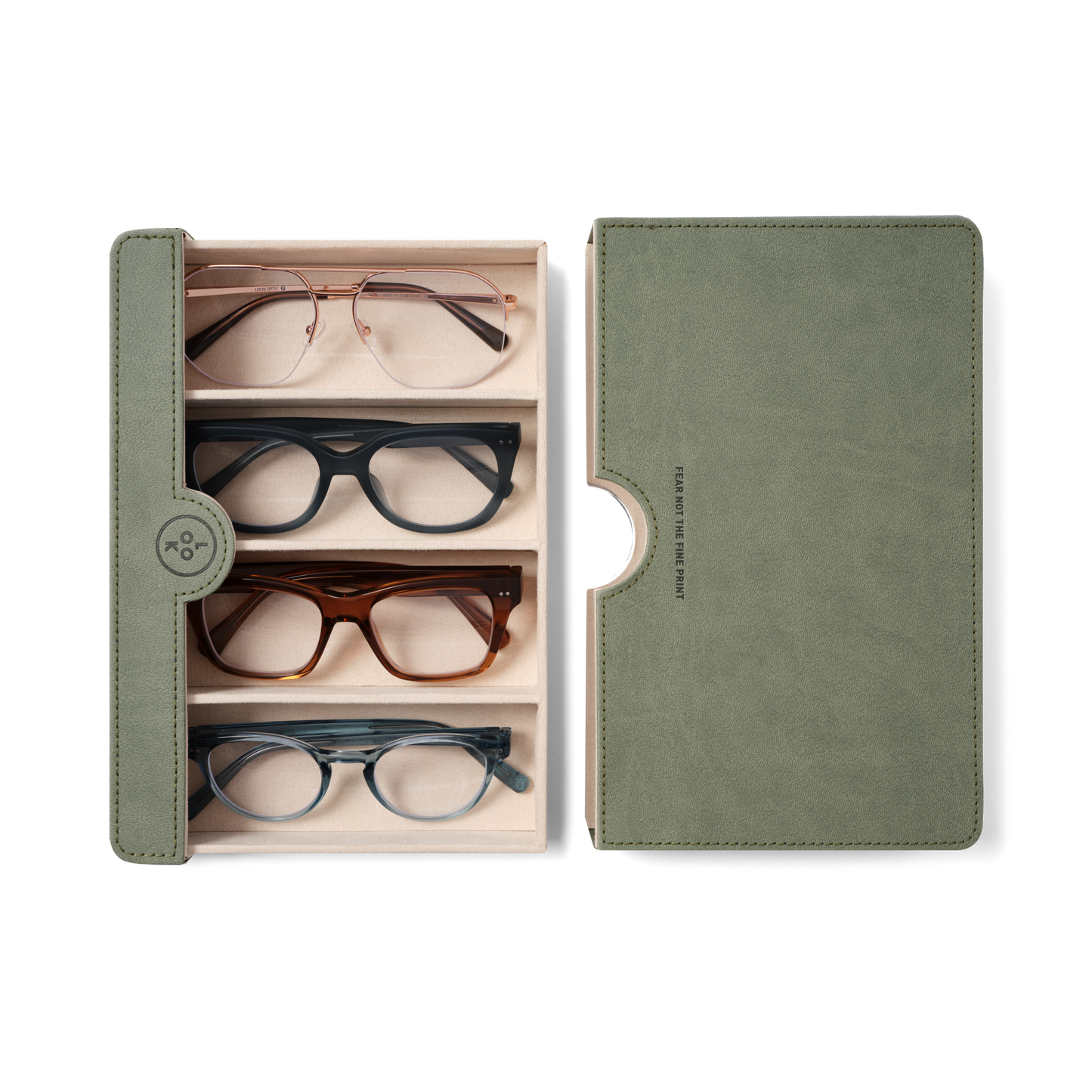 
Four pairs of eyeglasses with oval, rectangular, and rounded frames in rose gold, black, brown, and blue, all with clear lenses.
