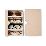 
Four pairs show gold aviators with brown lenses, tortoiseshell rounded frames, dark square frames, and rose gold aviators with pink lenses.