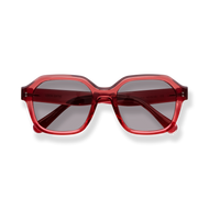 
Red oversized square sunglasses with gradient lenses and translucent frames.