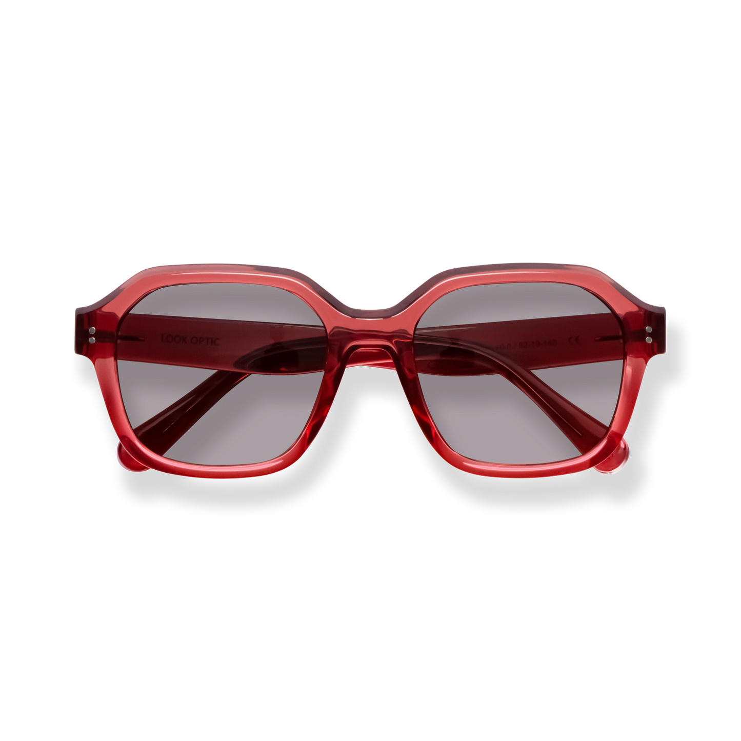 
Red oversized square sunglasses with gradient lenses and translucent frames.