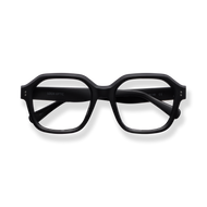 
Black square-frame glasses with dark lenses.