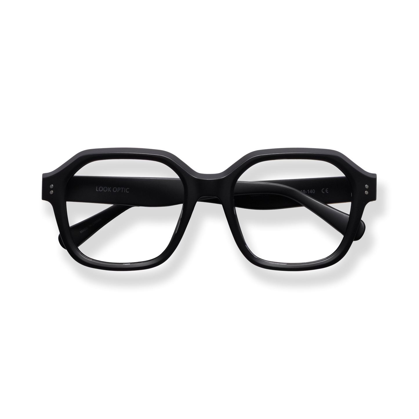 
Black square-frame glasses with dark lenses.