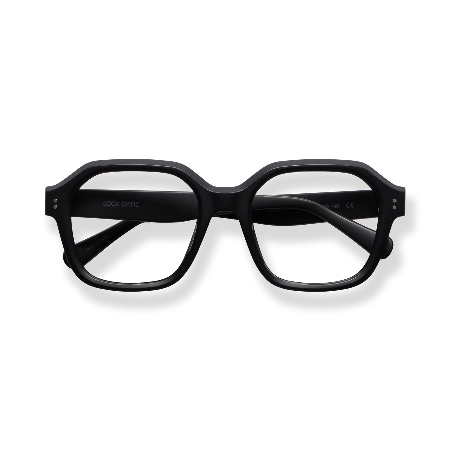 
Black square-frame glasses with dark lenses.