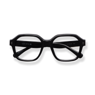 
Black rectangular reading glasses with thick frames and clear lenses.