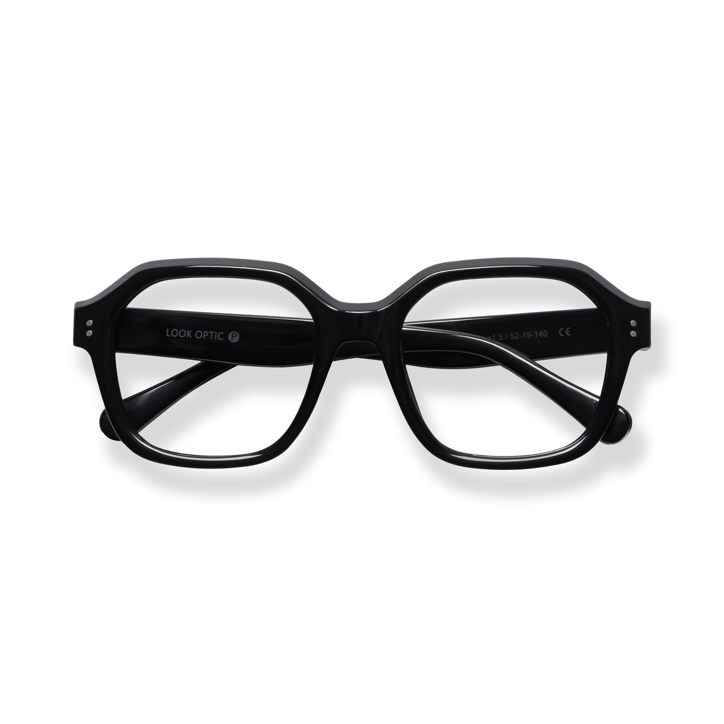 
Black rectangular reading glasses with thick frames and clear lenses.