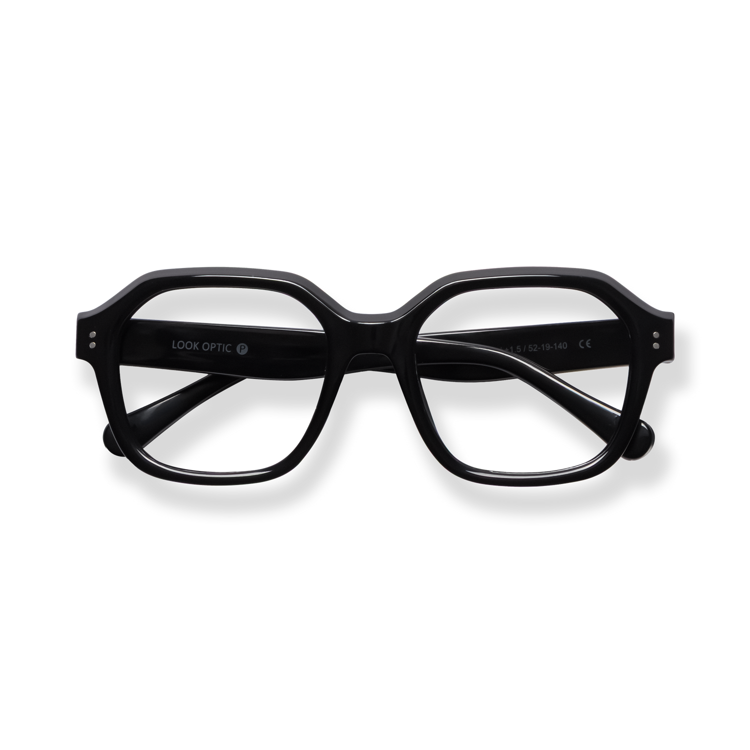 
Black rectangular reading glasses with thick frames and clear lenses.