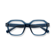 
Blue rectangular reading glasses with clear lenses and dark blue temples.
