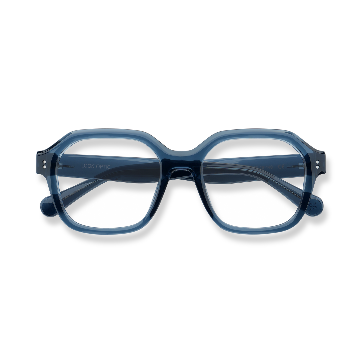 
Blue rectangular reading glasses with clear lenses and dark blue temples.