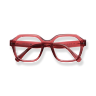 
Translucent red rectangular reading glasses with a bold double bridge.