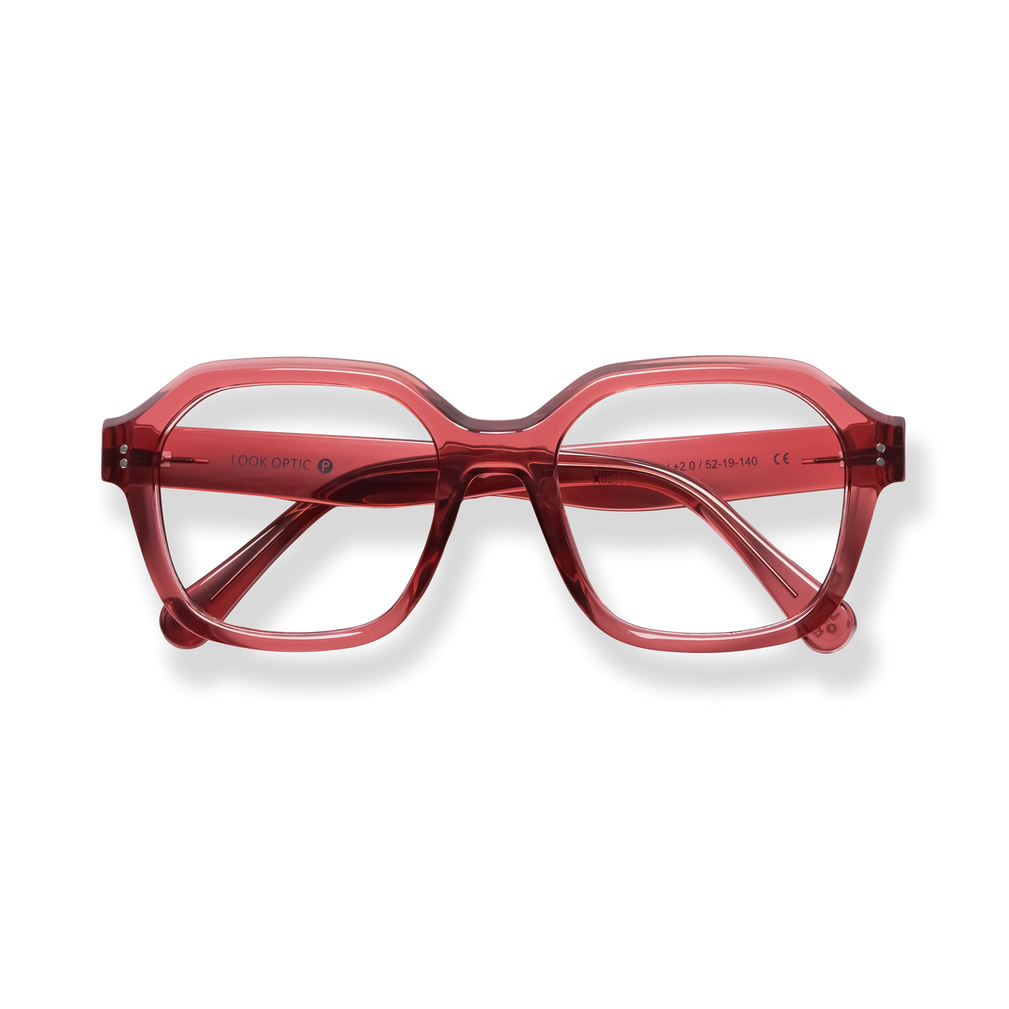 
Translucent red rectangular reading glasses with a bold double bridge.