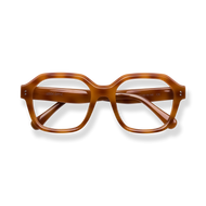 
Tortoiseshell rectangular eyeglasses with clear lenses and gold-toned accents.