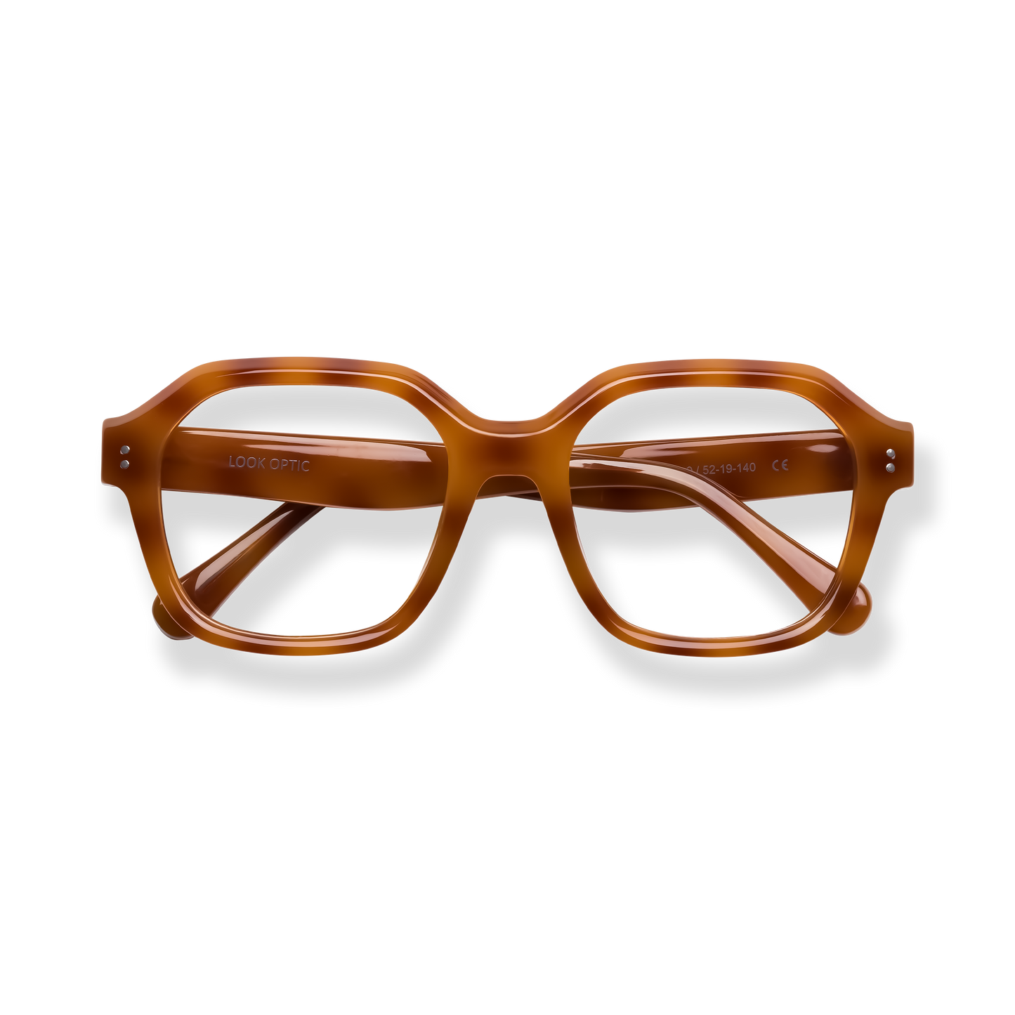 
Tortoiseshell rectangular eyeglasses with clear lenses and gold-toned accents.
