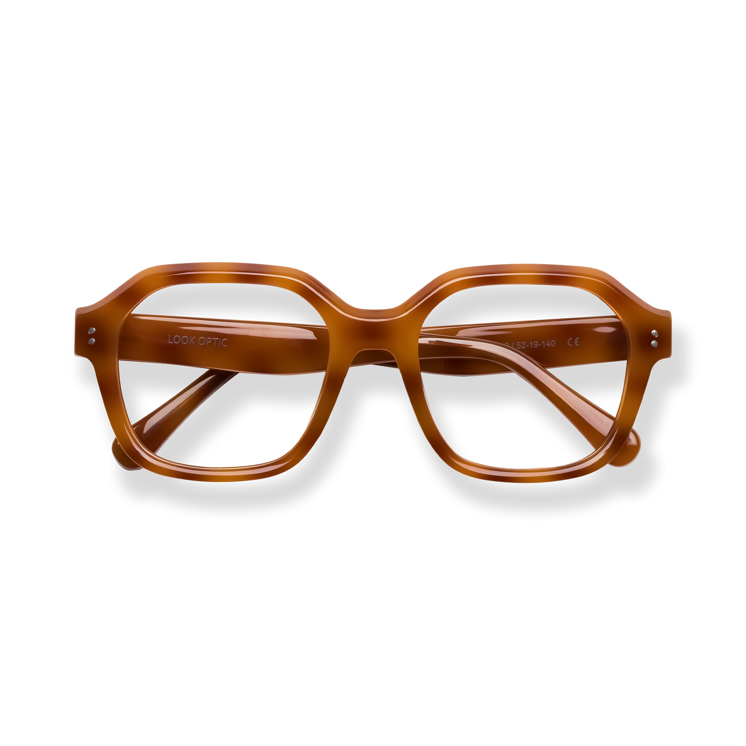
Tortoiseshell rectangular eyeglasses with clear lenses and gold-toned accents.