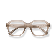 
Translucent beige square-frame reading glasses with clear lenses and a double bridge.