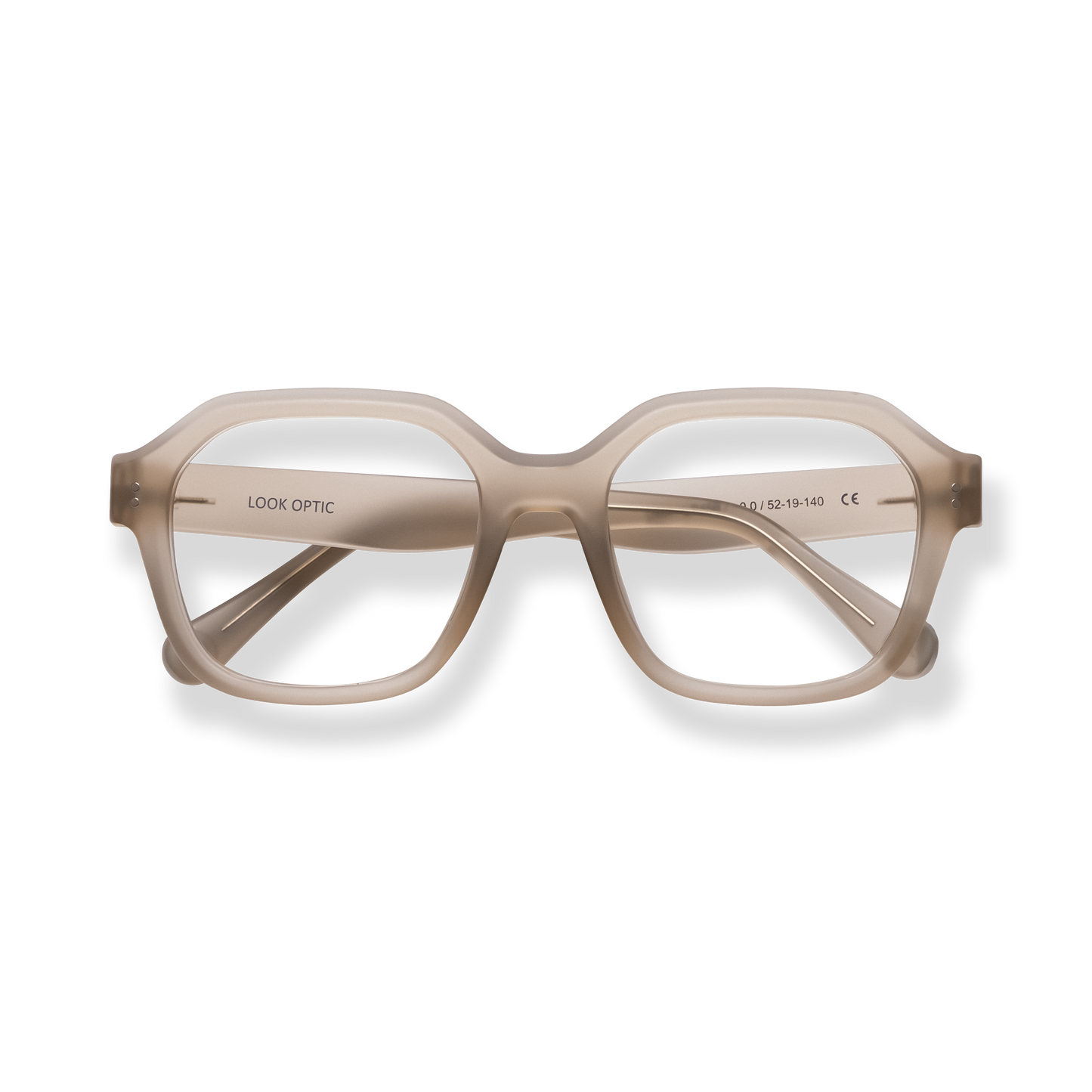 
Translucent beige square-frame reading glasses with clear lenses and a double bridge.