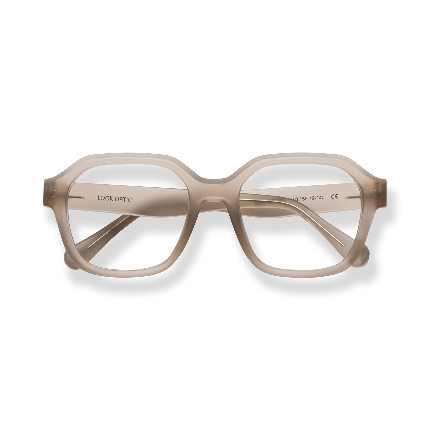 
Translucent beige square-frame reading glasses with clear lenses and a double bridge.