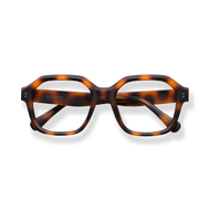 
Tortoiseshell rectangular eyeglasses with clear lenses and silver temple accents.