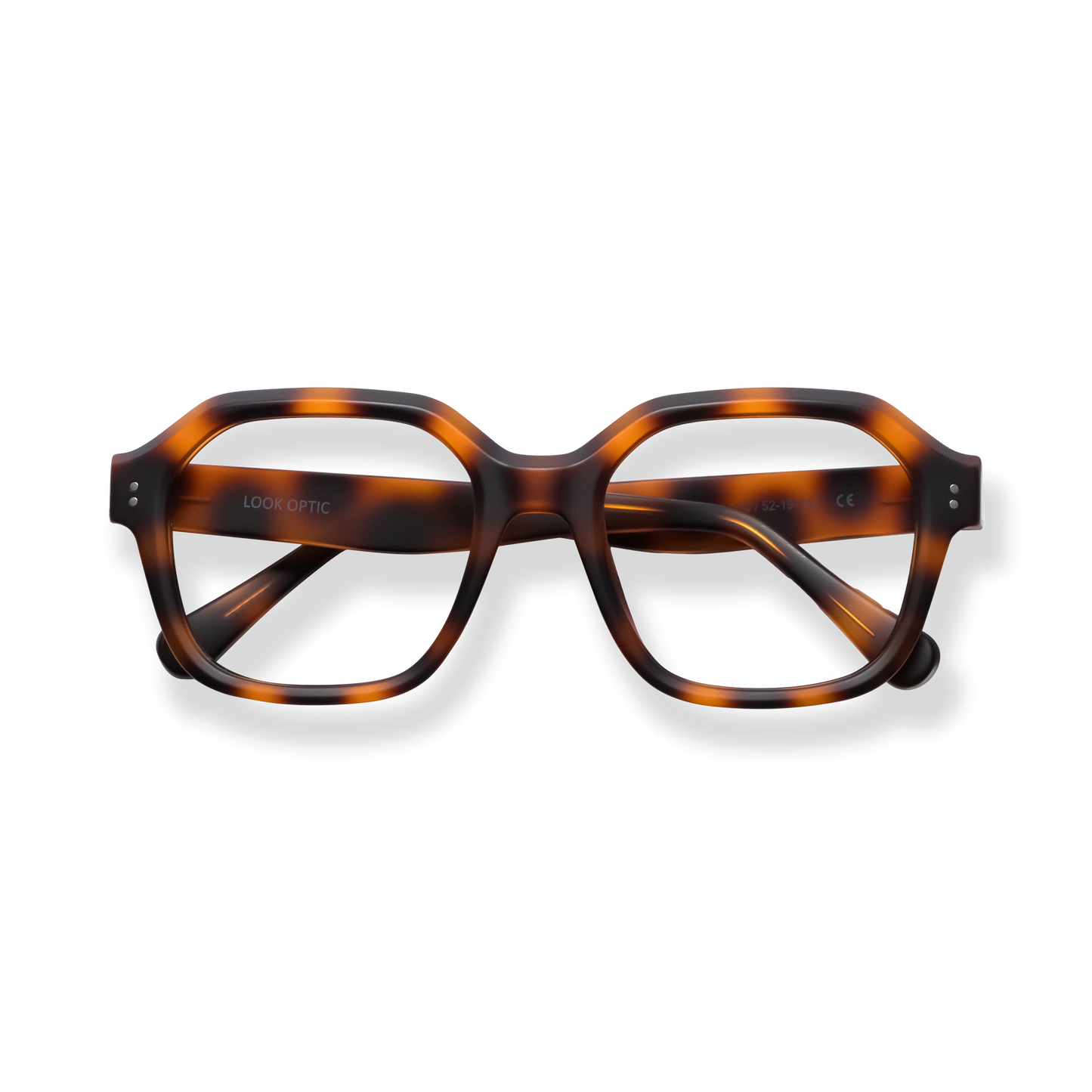 
Tortoiseshell rectangular eyeglasses with clear lenses and silver temple accents.