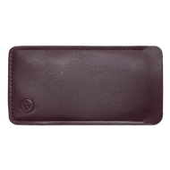 
Brown vegan leather glasses case with a textured finish and embossed button closure.