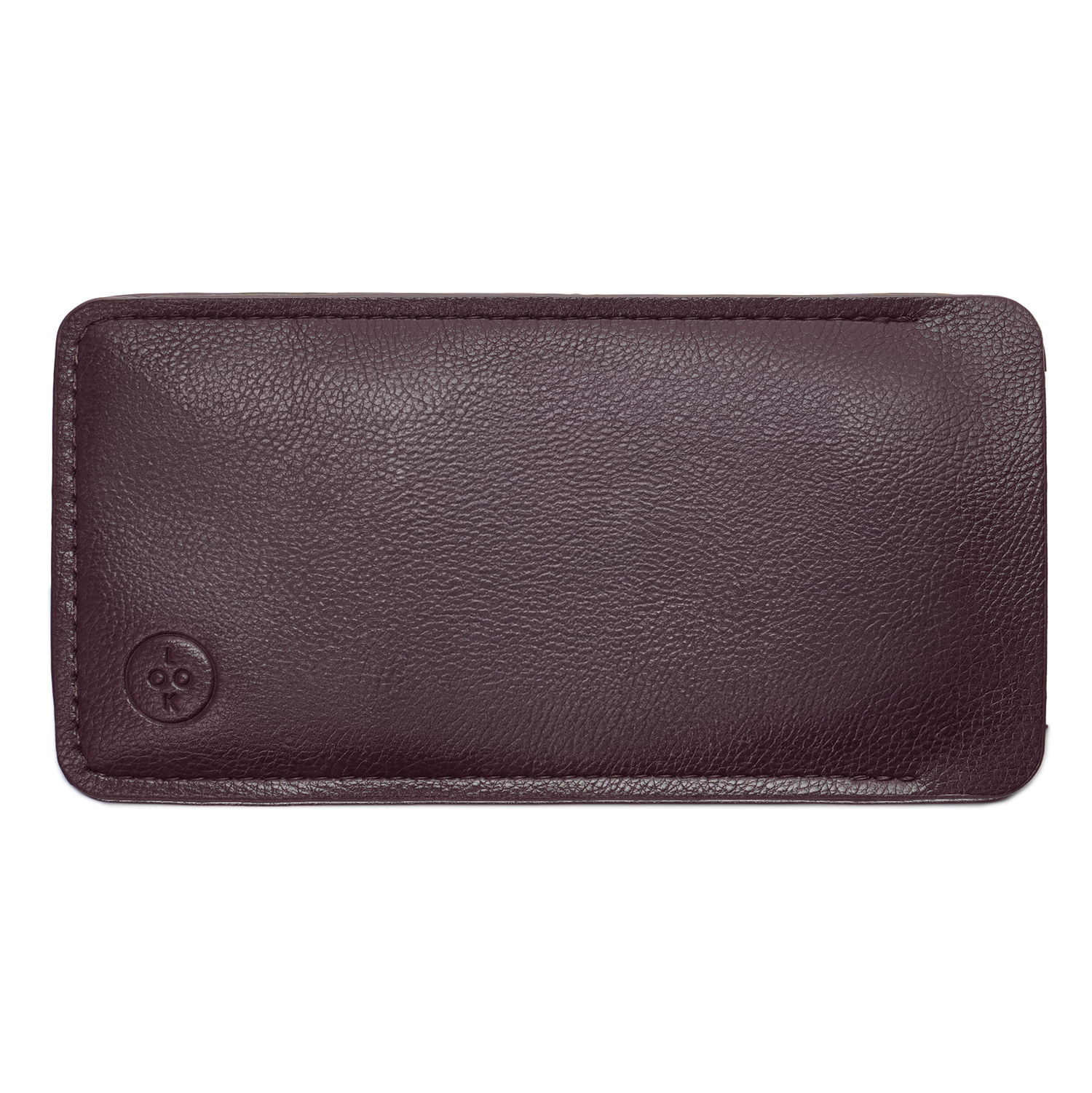
Brown vegan leather glasses case with a textured finish and embossed button closure.