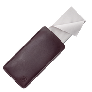 
Brown vegan leather glasses case with a white cleaning cloth partially tucked inside.