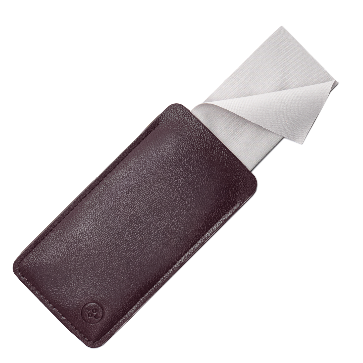 
Brown vegan leather glasses case with a white cleaning cloth partially tucked inside.