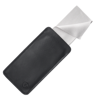 
Black vegan leather glasses case with a white cleaning cloth partially pulled out.