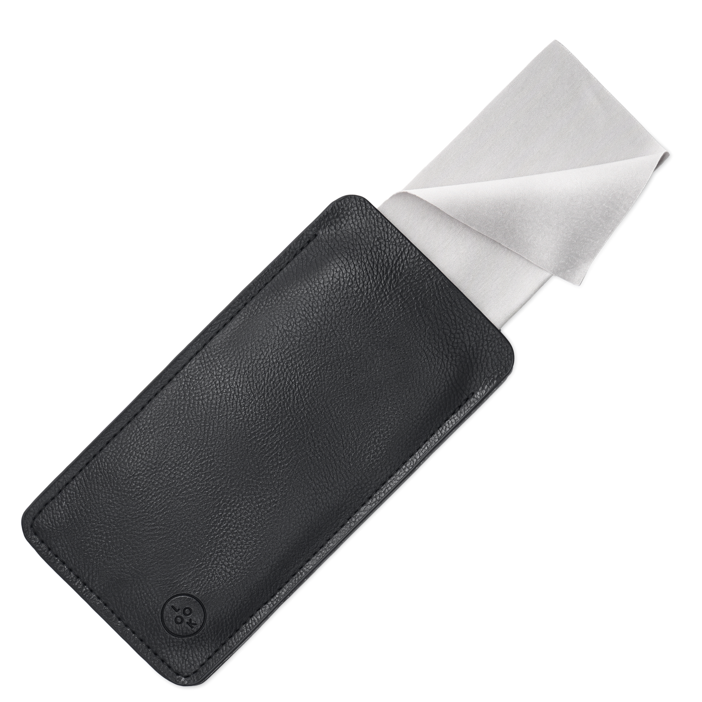 
Black vegan leather glasses case with a white cleaning cloth partially pulled out.