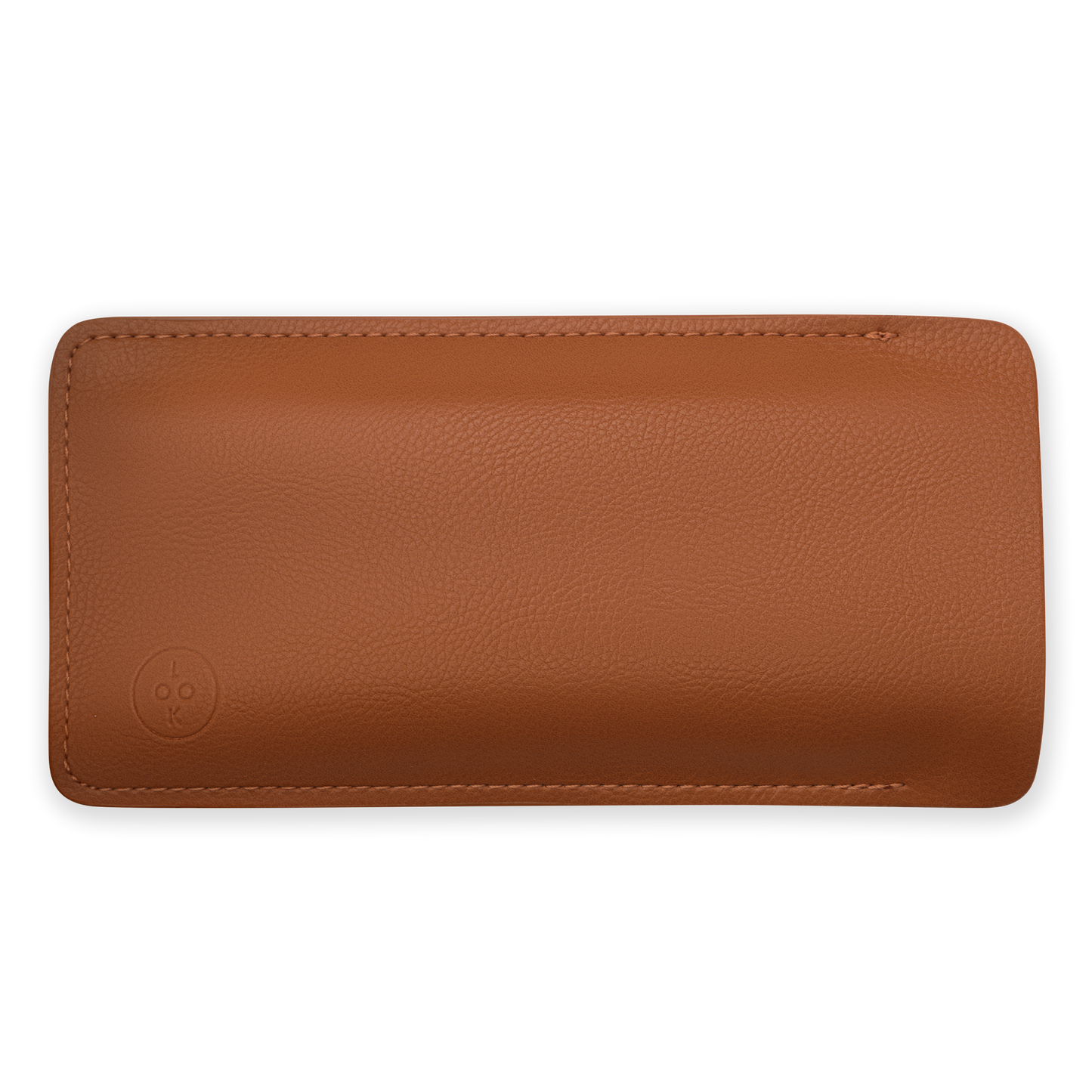 
Tan vegan leather eyeglass case with rounded edges, stitched seams, and embossed logo.