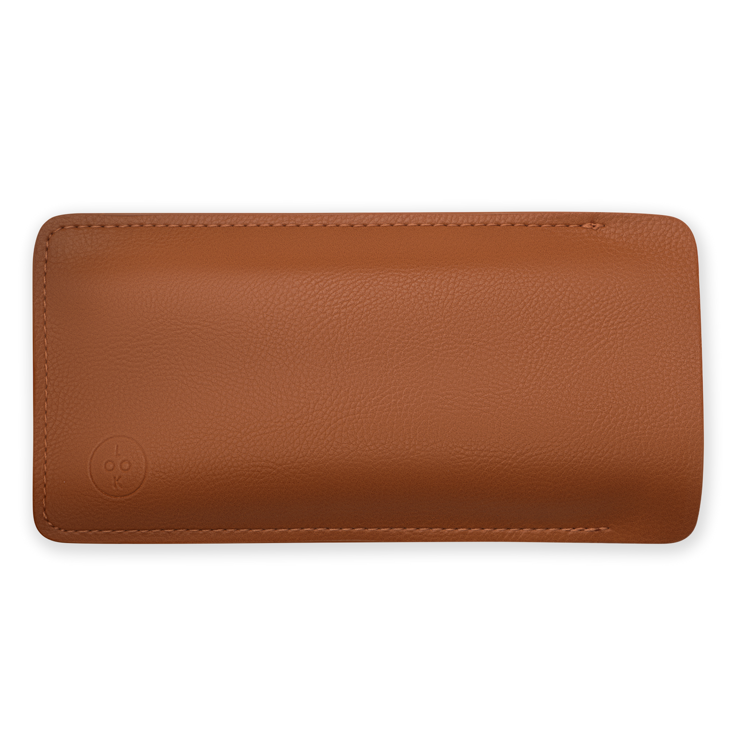 
Tan vegan leather eyeglass case with rounded edges, stitched seams, and embossed logo.