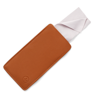 
Brown vegan leather glasses case with a white cleaning cloth partially pulled out.