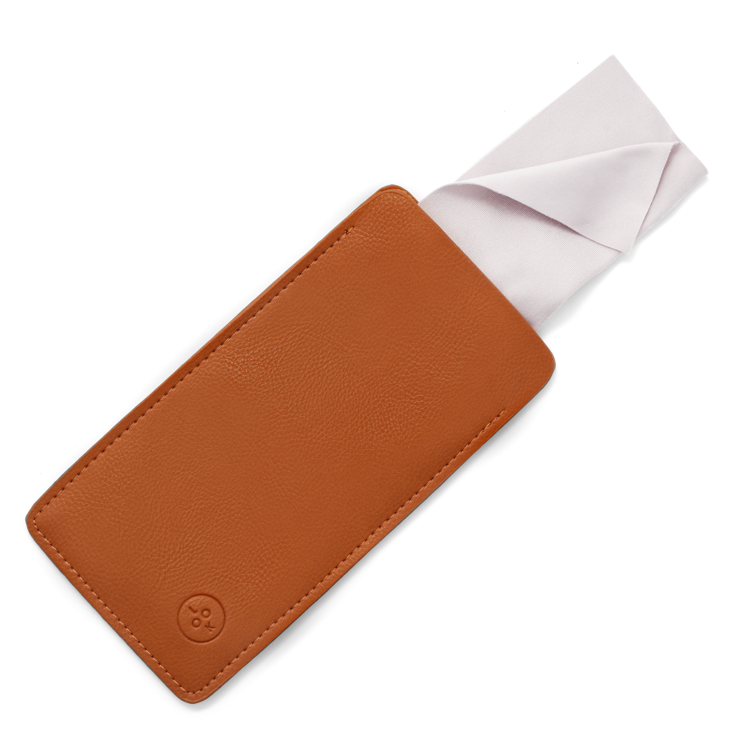
Brown vegan leather glasses case with a white cleaning cloth partially pulled out.