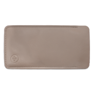 
Taupe vegan leather eyewear case with rounded corners and an embossed logo.