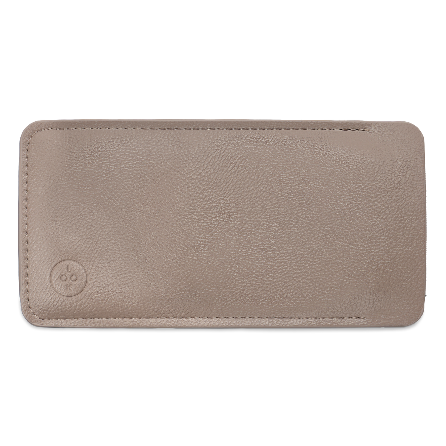 
Taupe vegan leather eyewear case with rounded corners and an embossed logo.