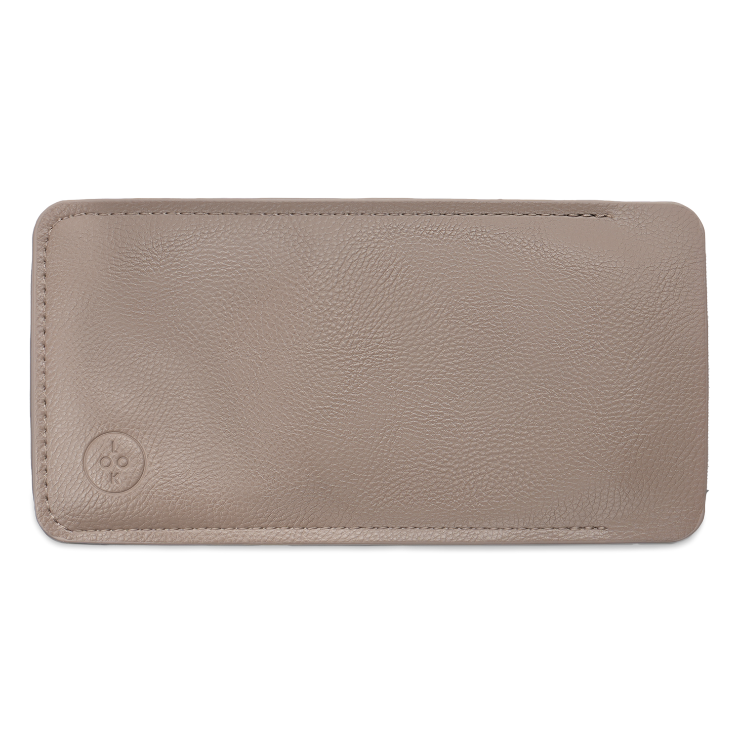 
Taupe vegan leather eyewear case with rounded corners and an embossed logo.